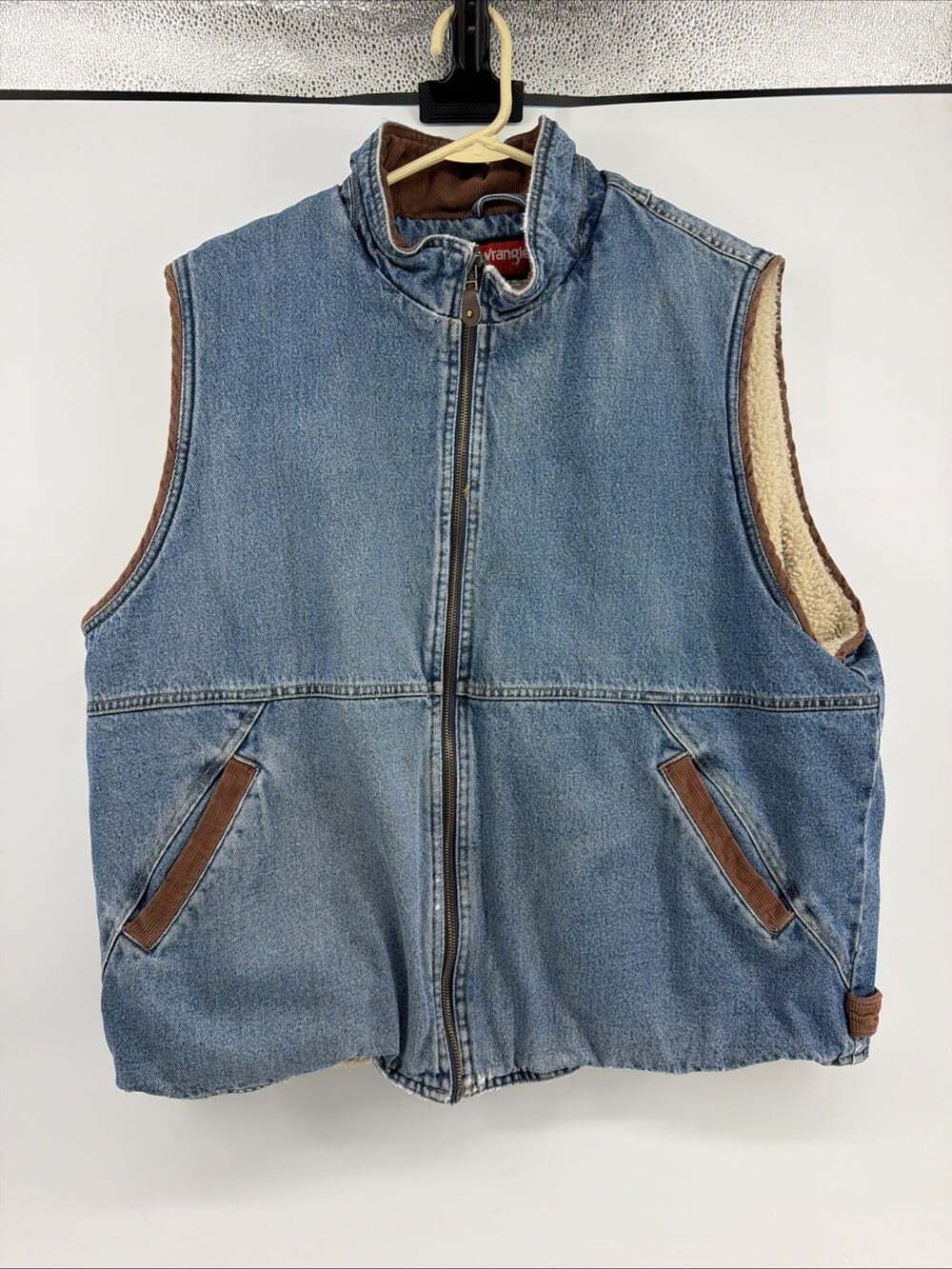 Vintage Wrangler Hero Vest Blue Men Denim Sherpa Lined Full Zip Size XL